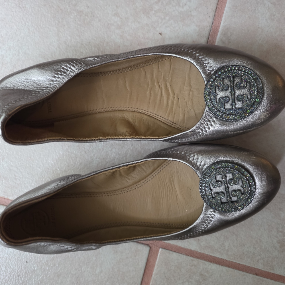 Tory Burch Silver Flats with Embellished Logo